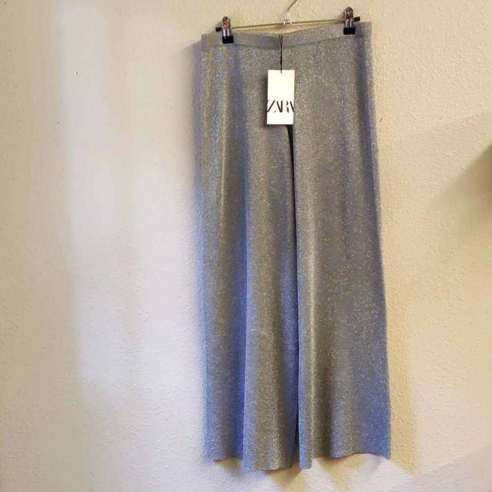 NWT ZARA METALLIC THREAD STRAIGHT LEG KNIT PANTS MEDIUM
